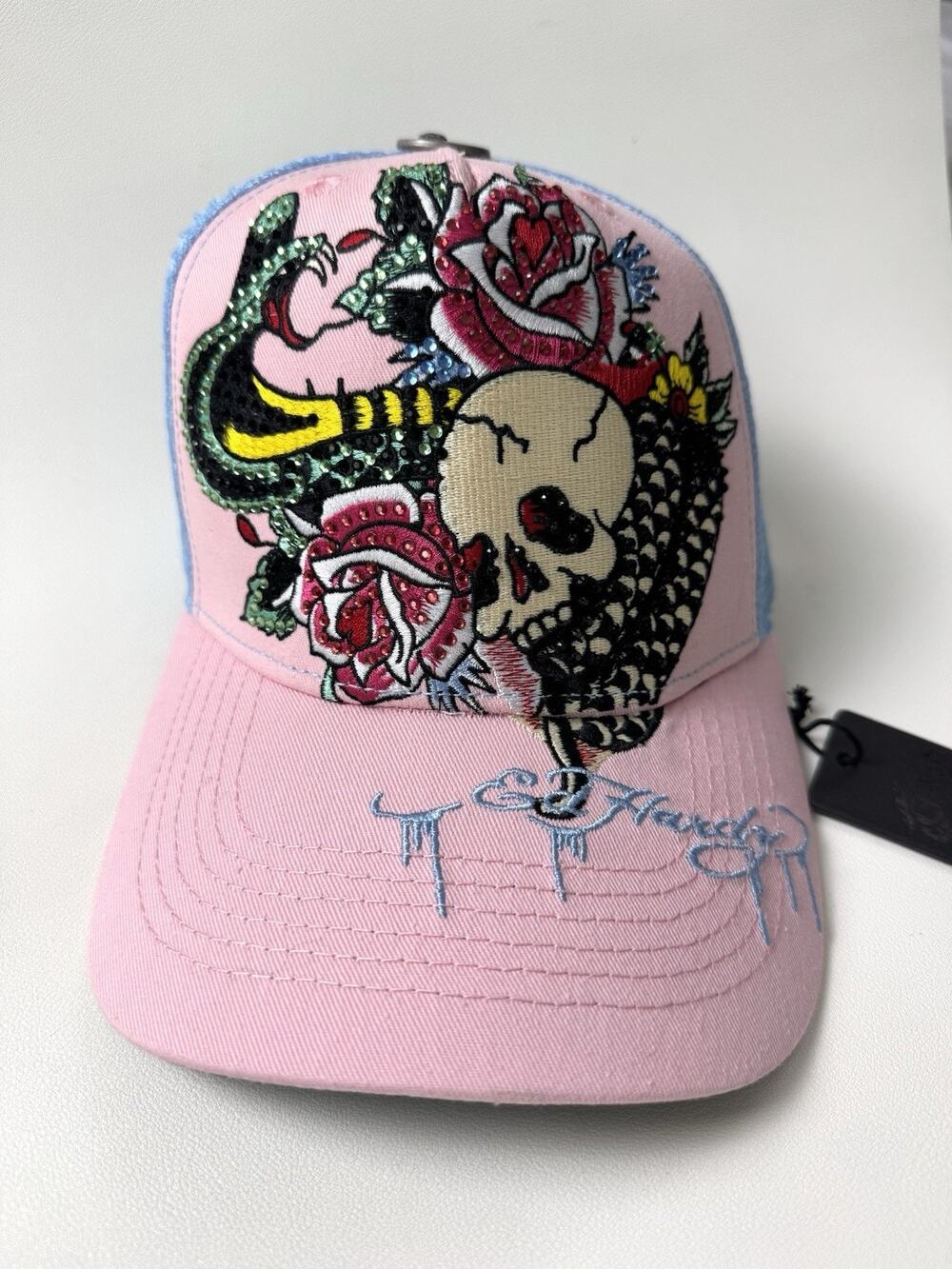 Ed Hardy Cobra Trucker Hat Snapback Rhinestone Pink Sky Blue Y2k Retro NWT